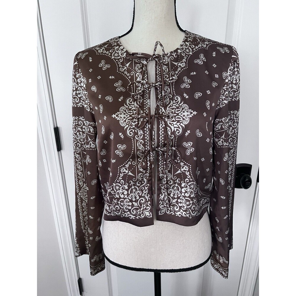 Gianni Bini Josie Tie Front Long Sleeve Blouse Brown Size Medium EUC